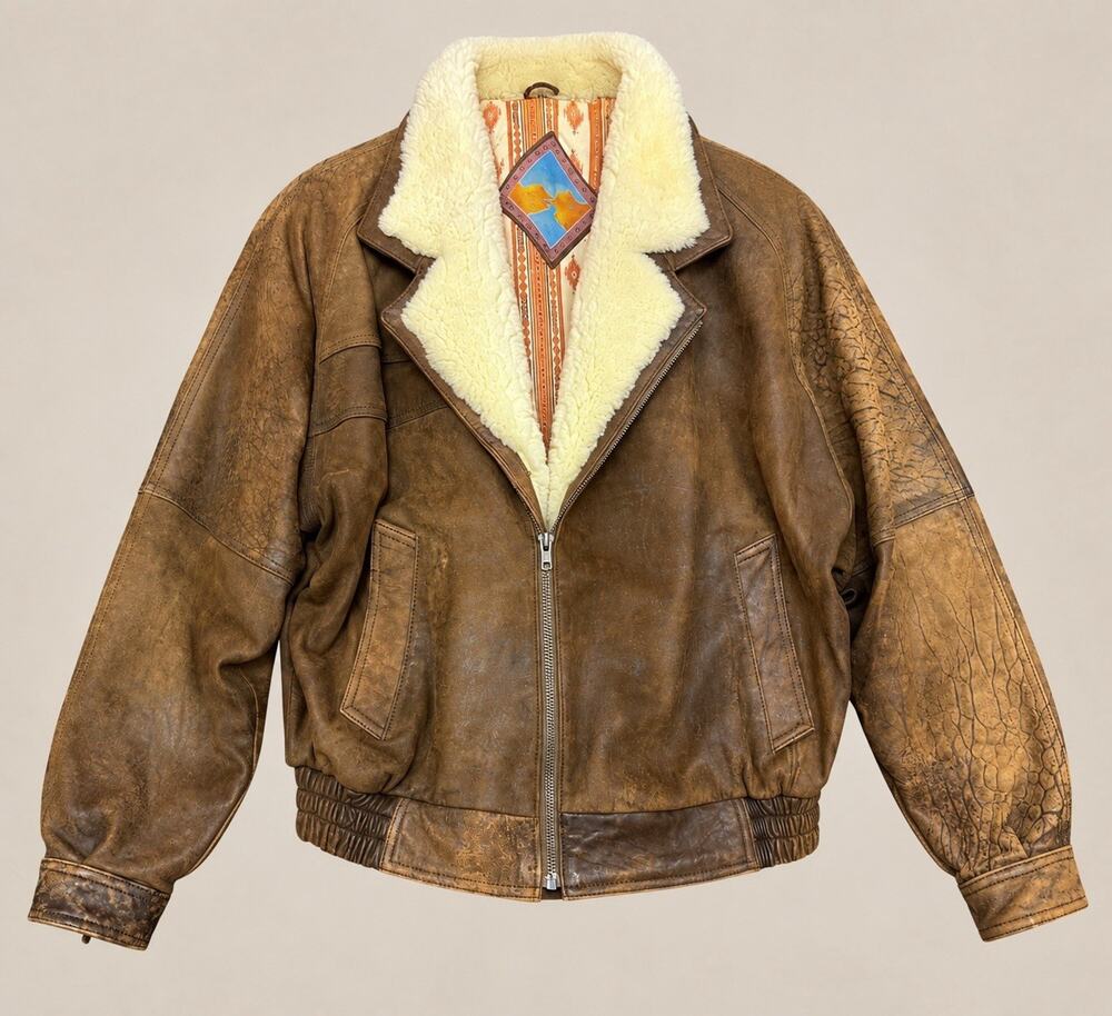 Vintage Dakota Men’s Leather Bomber Jacket L Genuine Fur Collar Brown Korea